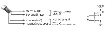 Схема подключения проводов M-Bus и импульсного выхода БЕРИЛЛ СЭТ21